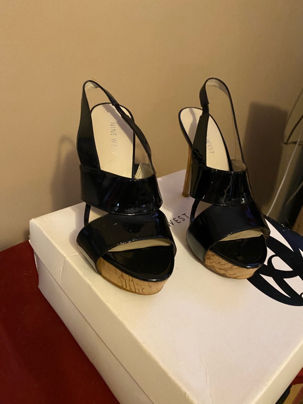 Nine West Black Patent Platform Slingback Sandals with Cork Platform